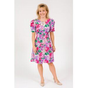 Vintage 1980s Joni Blair Floral Puff Sleeve Ruched Dress Size 7 Pink